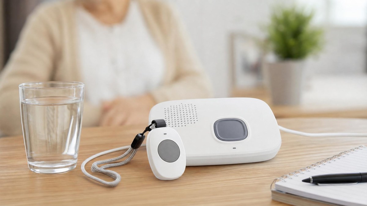 Unbranded medical alert review device setup on a tabletop